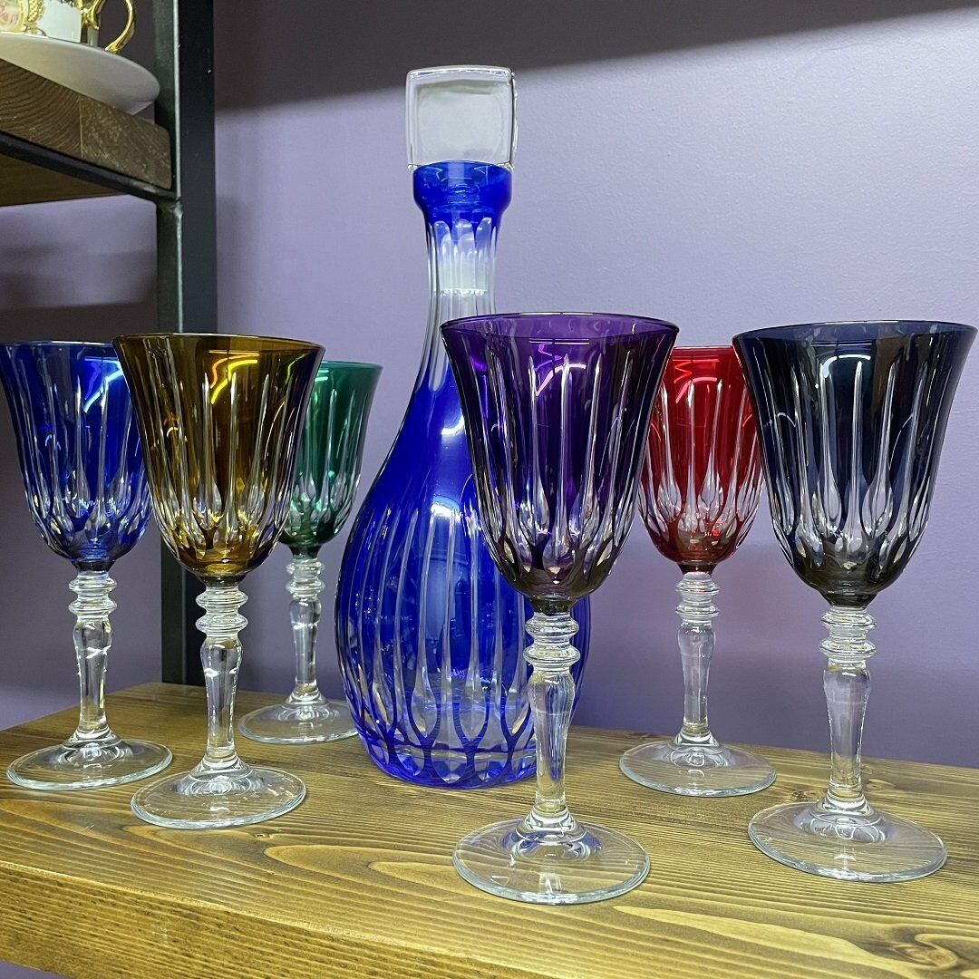 Renkli Kristal 7 Parça Karaf-Bardak Takımı